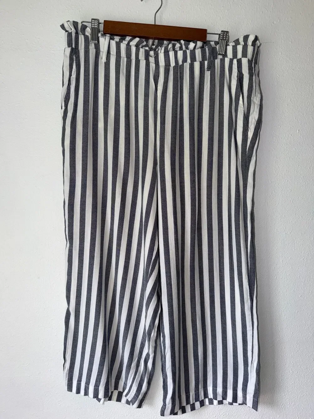 Fever Blue White Striped Coastal Nautical Wide Leg Boho Beachy Palazzo Pants XL
